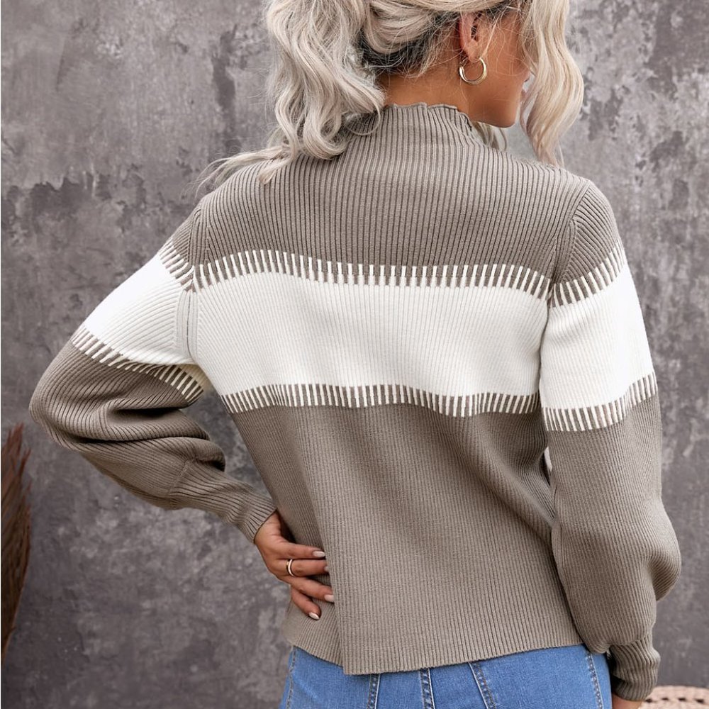 Khaki Color Block High Neck Pullover Sweater - Picture 3 of 6